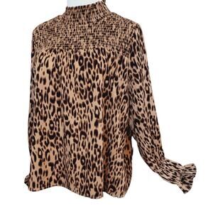 THML Anthropologie High Neck Smocked Blouse Top Large Animal Print Flowy Career